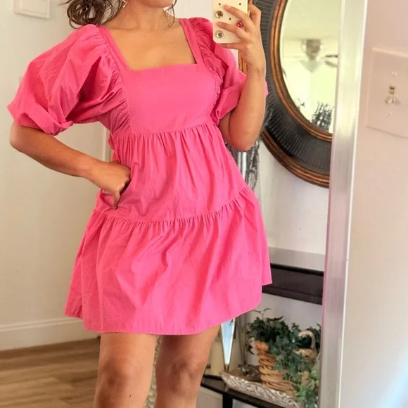 A New Day Hot Pink Puff Sleeve Mini Dress